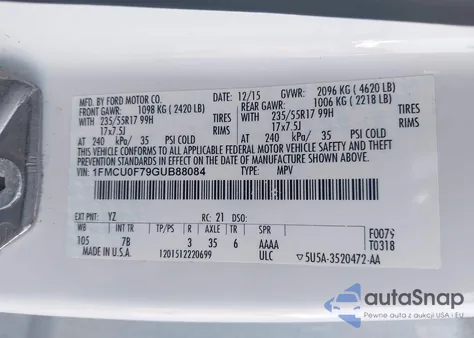 2016 Ford Escape S z USA, uszkodzony, nr VIN 1FMCU0F79GUB88084